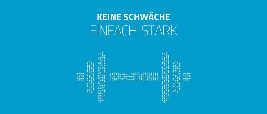 Kennzeichnen mit RFID auf Metall visualisiert durch Binärcode in Hantel-Form und Slogan 'Keine Schwäche – Einfach stark'