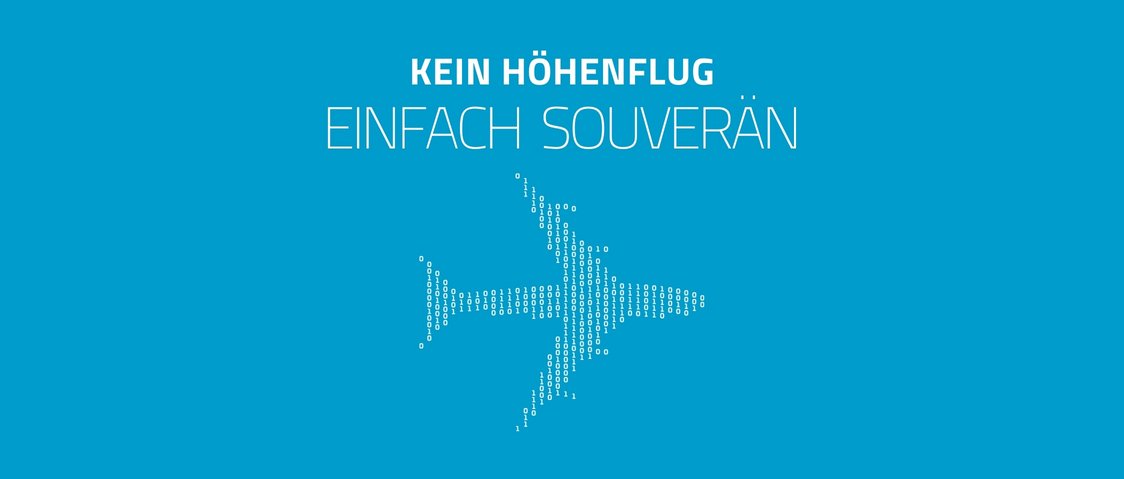 Sichere weltweite Kennzeichnung visualisiert durch Binärcode-Flugzeug und Slogan 'Kein Höhenflug - einfach souverän'
